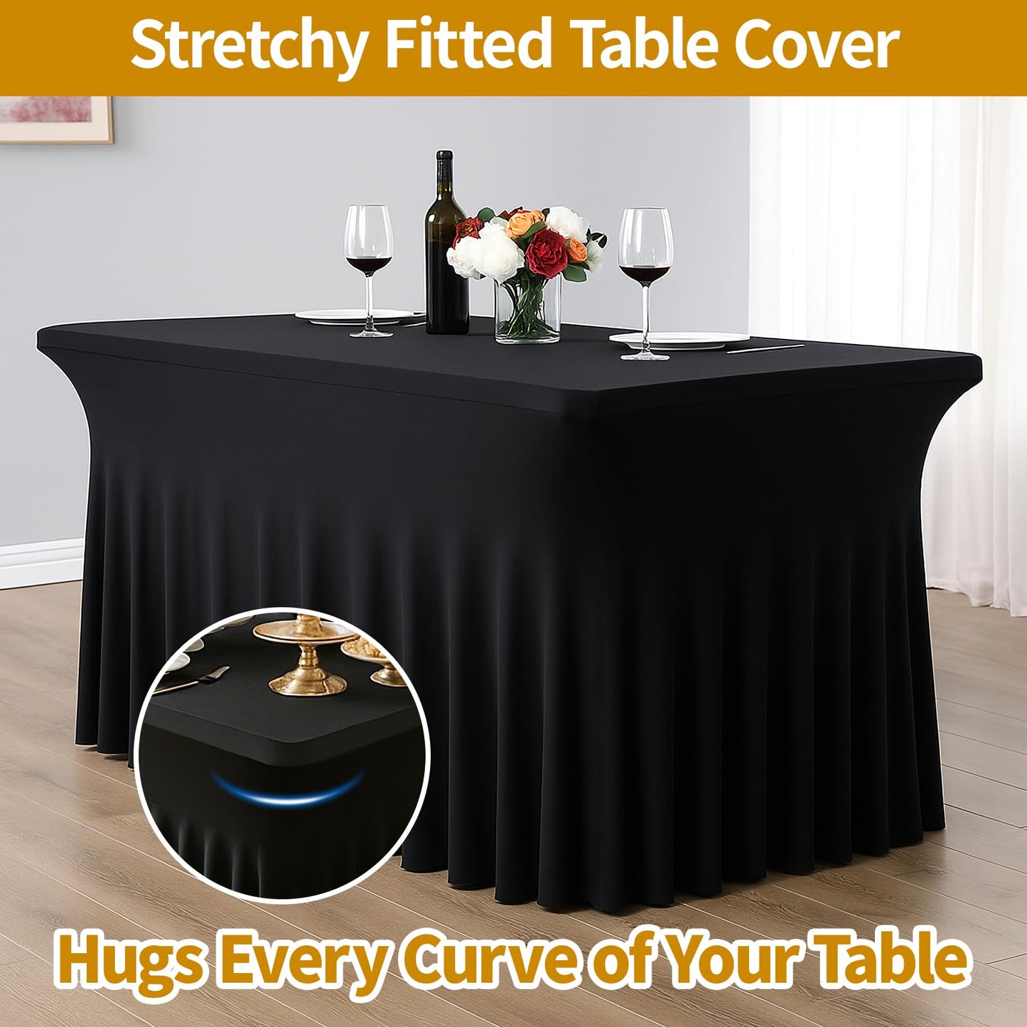 Deep Dream 2 Pack Black Spandex Table Covers 6 Foot, Fitted Stretch Tableclothes 30x72 Inch, Wrinkle Free 6FT Fitted Table Clothes with Skirt for Party, Banquet, Wedding and Events