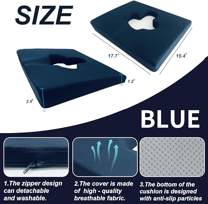 Gel Wheelchair Seat Cushion,Bed Sore Cushions for Butt, Memory Foam Hemorrhoid Pillow for Chairs,Butt Pillow for Pressure Sore&Ulcer Pain,Sciatica &Coccyx Pain Relief,Washable-Cover(Blue)
