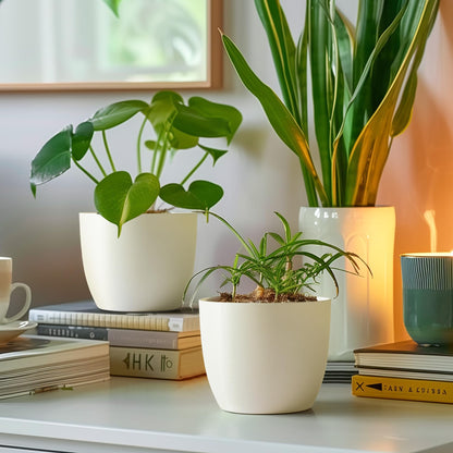 T4U 7 Inch Self Watering Planters Plastic Plant Pot, Modern Decorative Flower Pot/Window Box for All House Plants, Flowers, Herbs, African Violets, Succulents - White, Set of 6