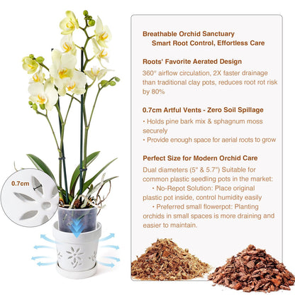 STHIE Orchid Pots, 5 + 6 Inch Ceramic Orchid Pots with Holes, Orchids Planter for Repotting, 2 Pack Promoting Air Circulation, White Flower Pots with Removable Trays
