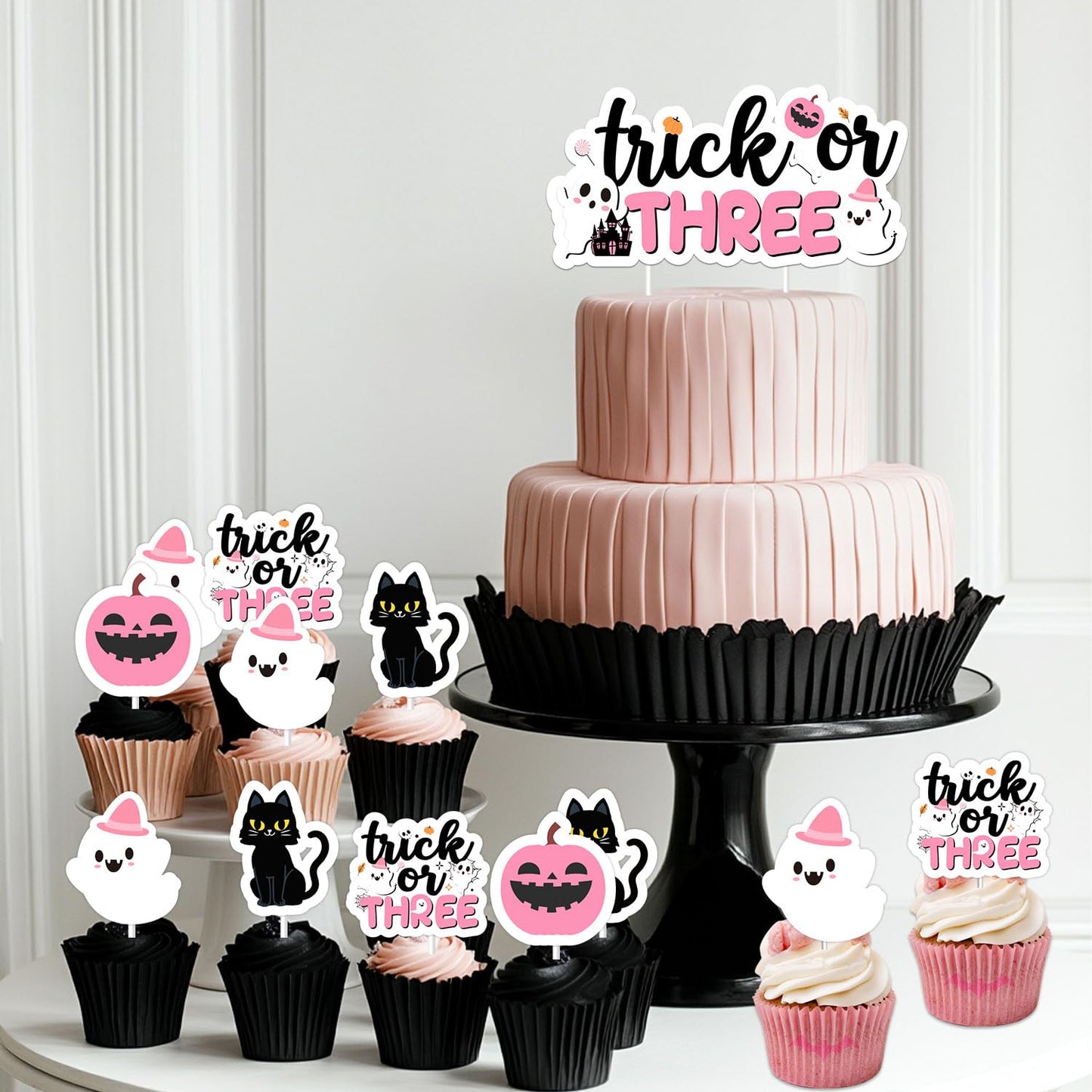 Trick or Three Cake Cupcake Toppers Pink Halloween 3rd Birthday Party Decorations Boo Ghost Pumpkin Bats Cake Decor Double-Sided Printing for Girls Third Booday Party Decor Supplies