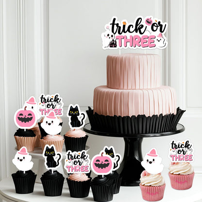 Trick or Three Cake Cupcake Toppers Pink Halloween 3rd Birthday Party Decorations Boo Ghost Pumpkin Bats Cake Decor Double-Sided Printing for Girls Third Booday Party Decor Supplies