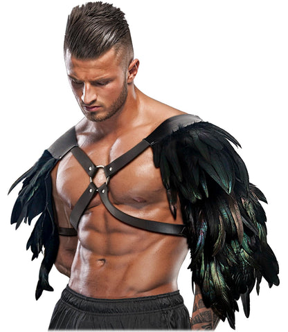 L'VOW Men's Feather Shoulder Armor Medieval Leather Harness Shoulder Guards Halloween Demon Cosplay(Black-2)