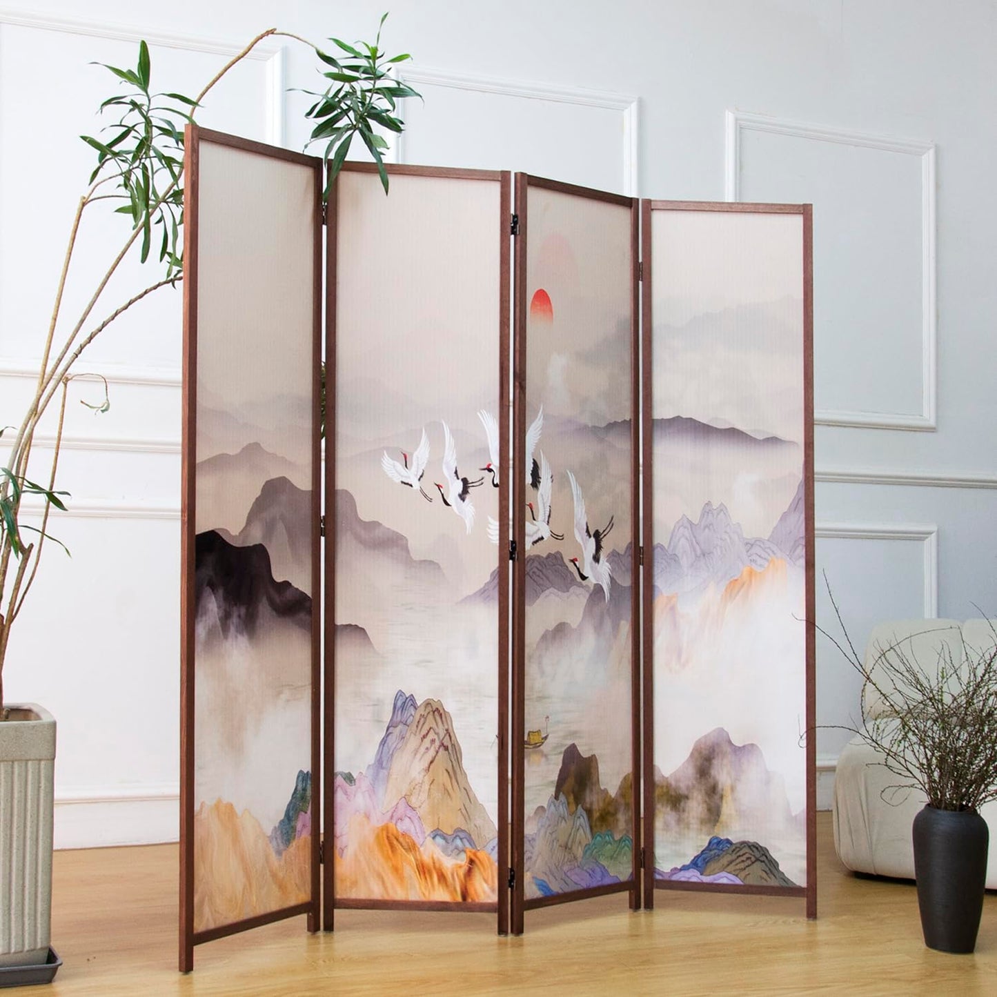 Furnnylane 4 Panel Room Divider, Double-Sided Folding Privacy Screen for Home Office – Freestanding Wall Partition with New Chic Colorful Landscape 67" H x 63" W - 5.6 ft Tall