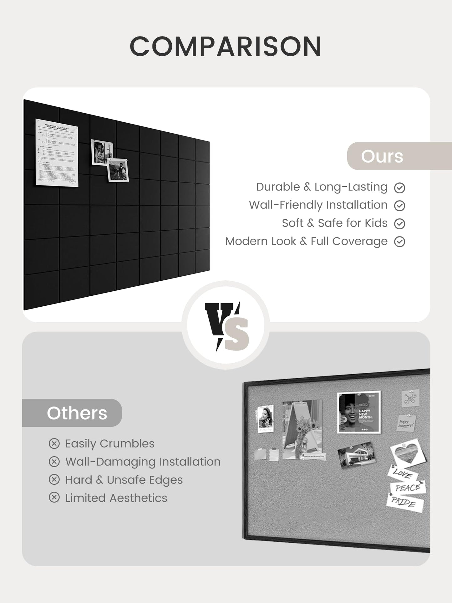 Bumusty Large Felt Bulletin Board, 48" x 36" Cork Board Alternative, 12-Pack Wall Tiles with 4-Compartment Design, 30 Push Pins, 70 Adhesive Tabs, Ideal for Office & Home Decor, Black