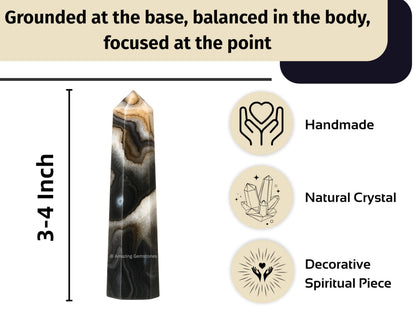 Amazing Gemstone Black Banded Agate Onyx Crystal Towers ~ Natural Healing Crystal Point Obelisk for Reiki Healing and Crystal Grid (3" to 4" INCH)