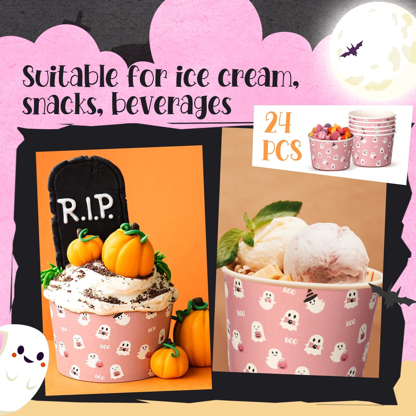 Spiareal 24 Pcs Halloween Bowls Pink Ghost Disposable Paper Bowls 9oz Halloween Treat Snack Cups Candy Dessert Ice Cream Party Cups for Holiday Table Decoration Party Favor Supplies
