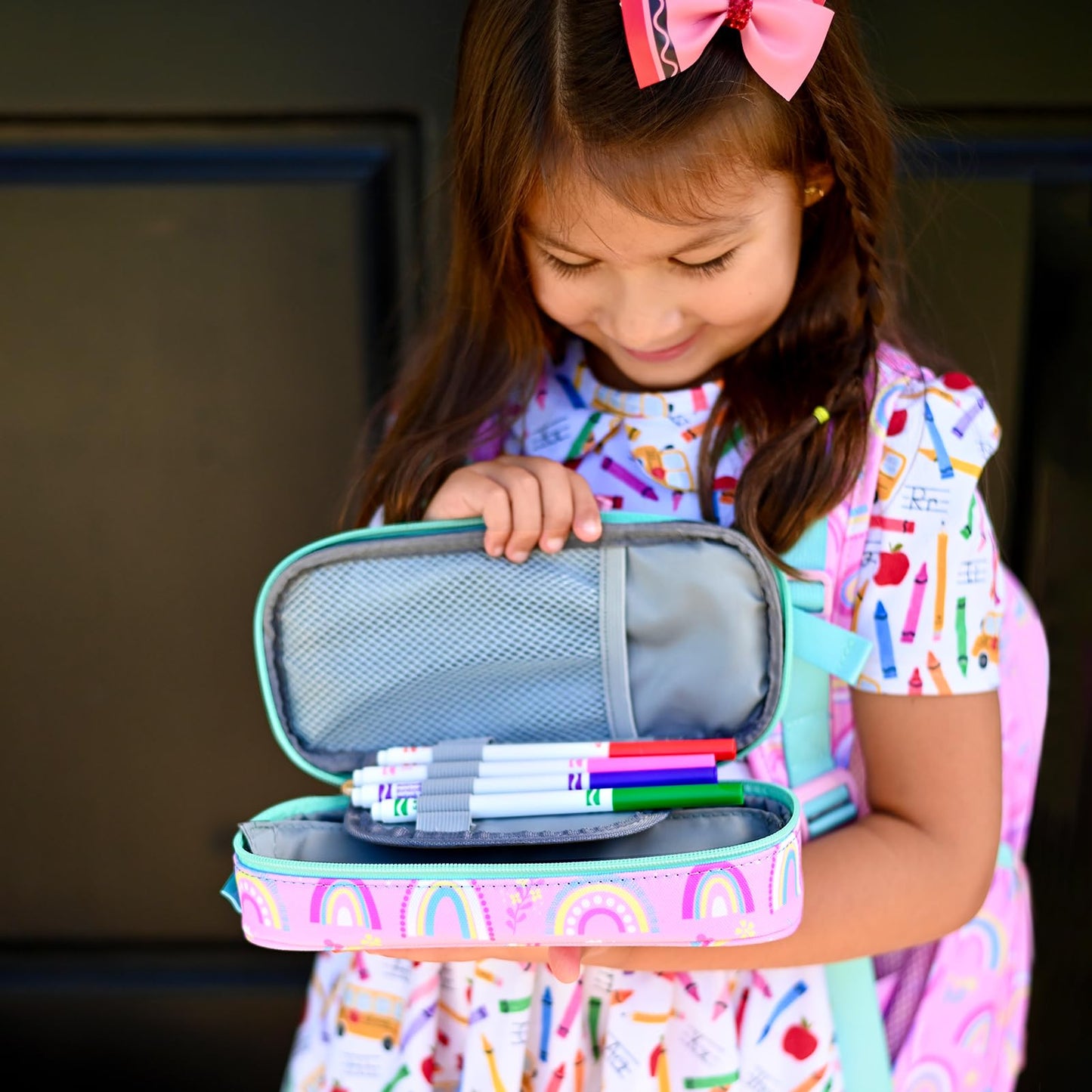 mibasies Girls Pencil Case for Kids, Multi-Slot Pencil Pouch, Rainbow Pink