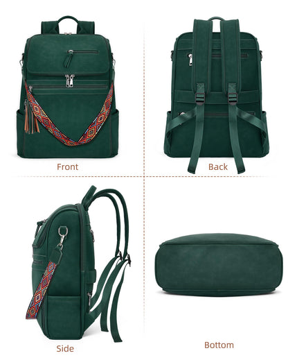SYTRAH Leather Laptop Backpack for Women Designer Laptop Bag, 16.5 inch Travel Computer Backpacks Purse with Tassel for Work Business with Satchel Purse Green
