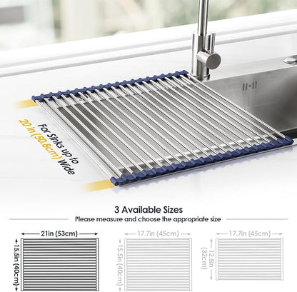 Tomorotec 21" x 15.5" Roll Up Dish Drying Rack Over Sink Drying Rack Sink Cover Kitchen Sink Accessories Gadget Multipurpose Organizer Foldable Stainless Steel Drainer