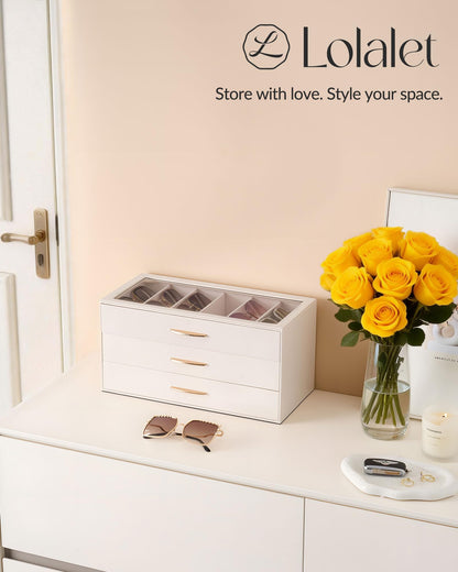 Lolalet 18 Slots Sunglasses Organizer Case for Women, 3-Layer Eyeglass Storage Holder Display Box with Clear Top Lid, Mothers Day Gifts -Cream