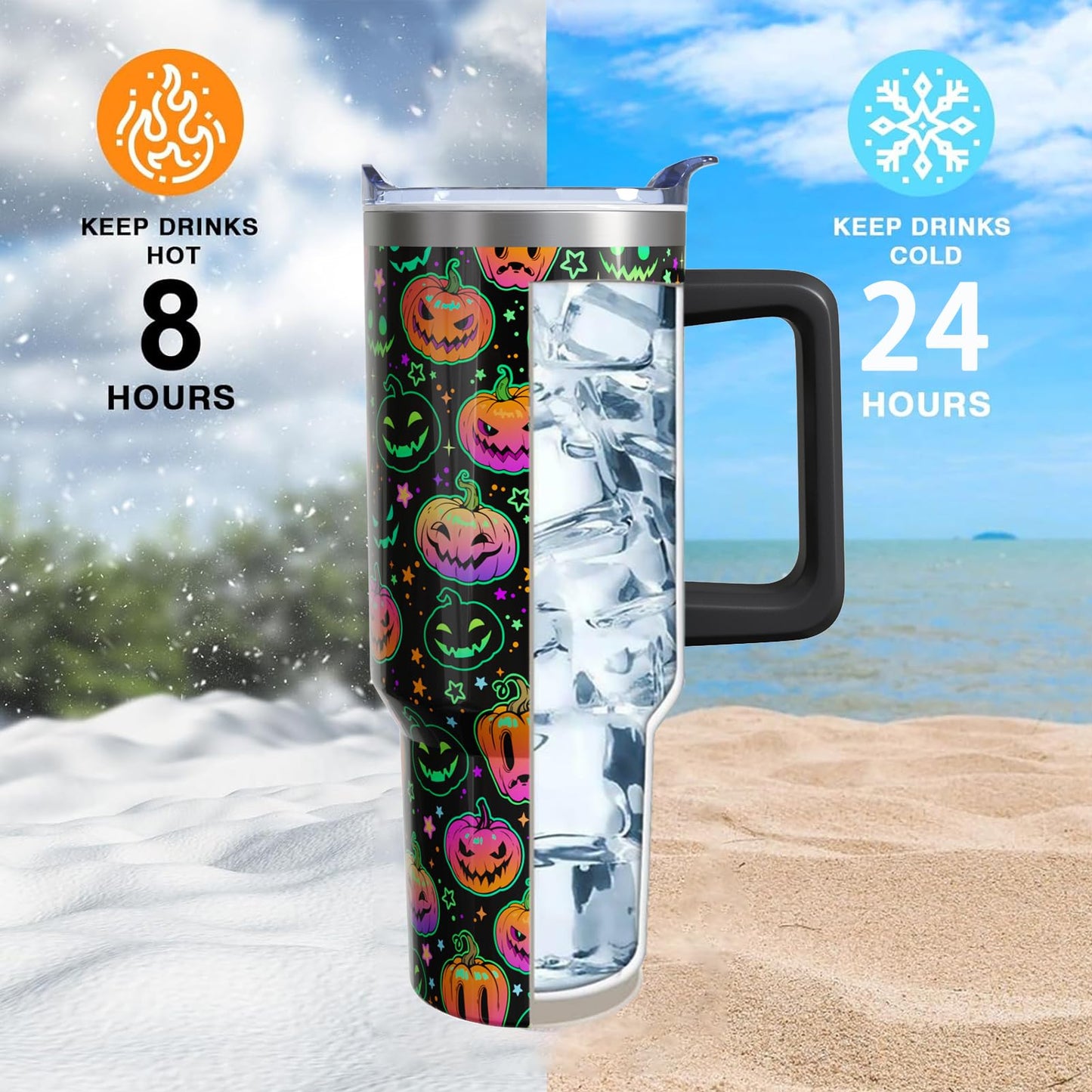 Sabobo Pumpkin Halloween Gifts for Women Men, Horror Pumpkin Face Stainless Steel Insulated Travel Coffee Cup, 40 Oz Tumbler with Handle and Straw, Holiday Birthday Water Bottle (1 PC)