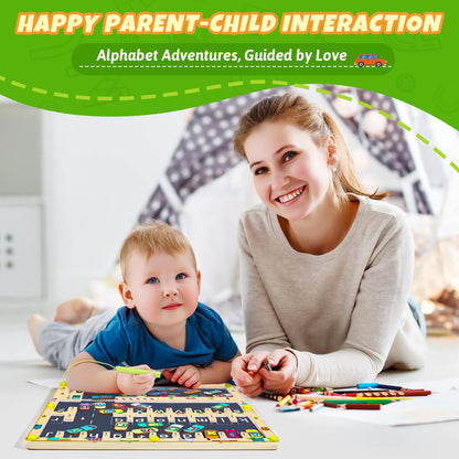 Magnetic Alphabet Maze Letter Puzzle Board, NOWRICH Montessori Toys for 2 3 4 5 Year Old Boy and Girl, Magnet Alphabet Learning Car Parking Maze Toys for Kids 3-5, Birthday Gifts for Toddler