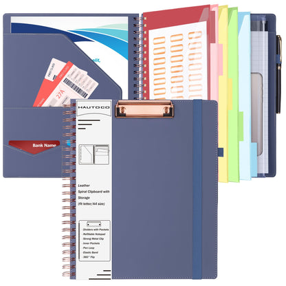 HAUTOCO Spiral Leather Clipboard Folio with Notepad (8.5 x 11''), 5 Folders with 10 Pockets, Storage Zipper Pouch, Pen Loop, 39 Stickers, Padfolio Organizer for Work School, Purple Gray