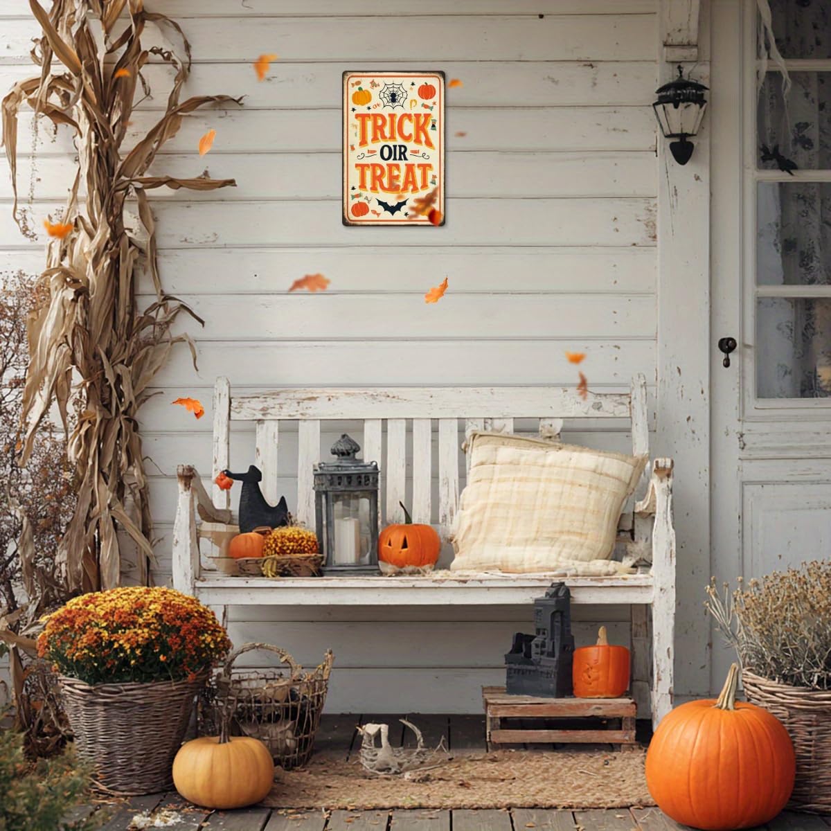Trick or Treat Halloween Pumpkin Spider Web Candy Retro Metal Tin Sign Wall Art Decor for Front Door Home Halloween Party Indoor Outdoor 8x12 Inch