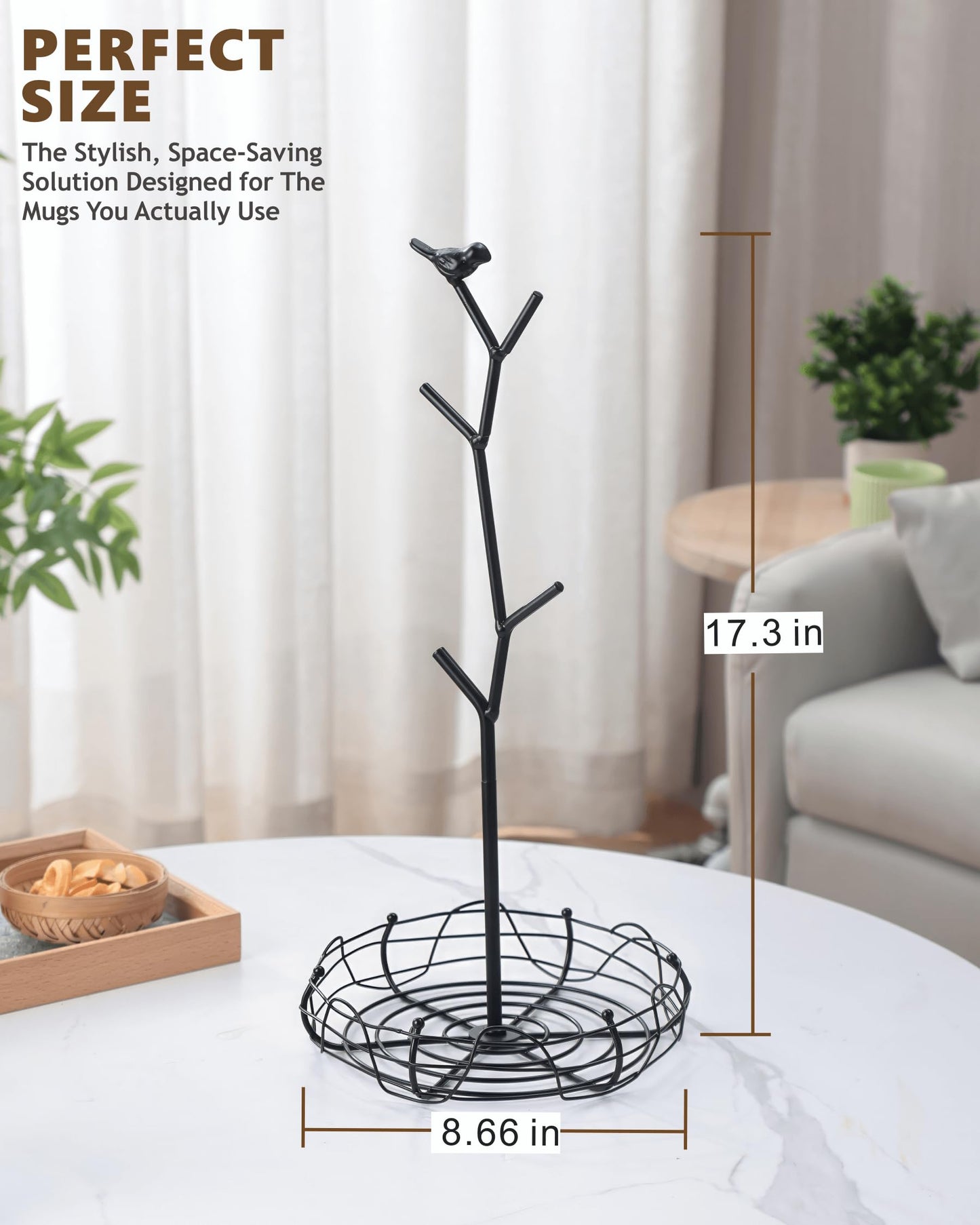 Ouseen Coffee Mug Holder for Countertop, Mug Tree with Bird's Nest Storage Basket, Holds 4 Large Mugs (20oz Compatible), Whimsical Kitchen Decor, Coffee Bar Accessories (Black)