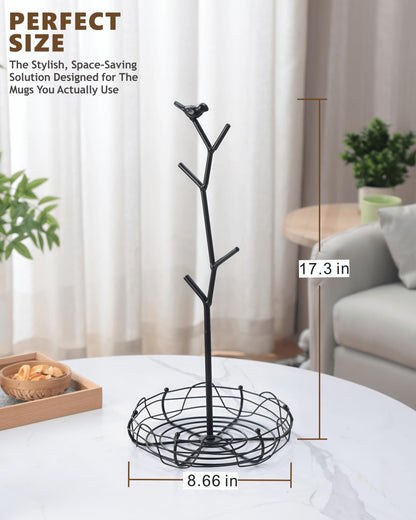 Ouseen Coffee Mug Holder for Countertop, Mug Tree with Bird's Nest Storage Basket, Holds 4 Large Mugs (20oz Compatible), Whimsical Kitchen Decor, Coffee Bar Accessories (Black)