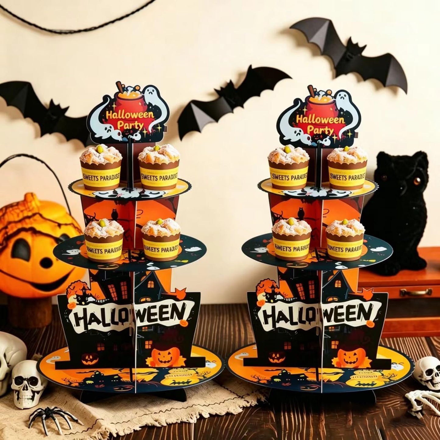 2PCS 3-Tier Halloween Paper Cupcake Stand, Halloween Themed Dessert Display Rack, Heavier-Gauge Paper Display Stand for Home Party & Dessert Serving (Multicolor)