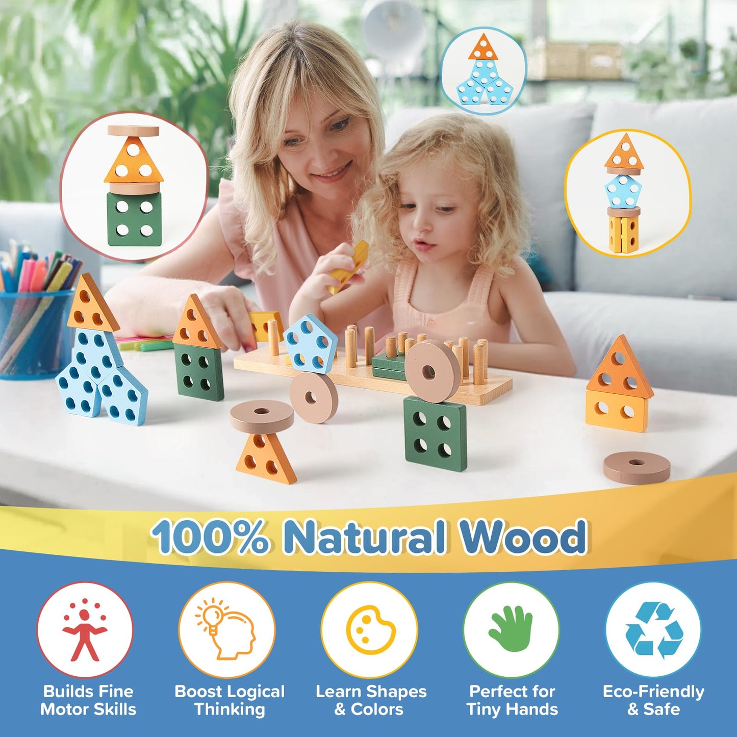 7‑in‑1 Montessori Baby Toys for 6‑12 Months & 1+ Years, Infant Sensory Teething & Stacking Blocks | Wooden Shape Sorter, Xylophone Musical Toy, Birthday Gift for Toddlers 1‑3