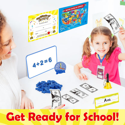 Edulok 115 PCS Pretend Play Teacher Set for Kids, with Magnetic Numbers, Bell, Money Games, Alphabet Posters, USA Maps, Learning Education Toys Kindergarten Classroom School Supplies Toys Playset Kit
