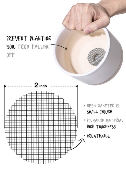 LE TAUCI Ceramic Plant Pots, 4.1+5.1+6.5 Inch Set with 50 Pack 2" Flower Pot Hole Mesh Pad Bundle, Planter with Drainage Hole and Saucer, White