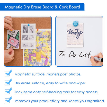 Magnetic White Board and Cork Board Combo, 24 X 18 inches Whiteboard Bulletin Combination Board, Wall Mounted Dry Erase Message Board for Home, School and Office
