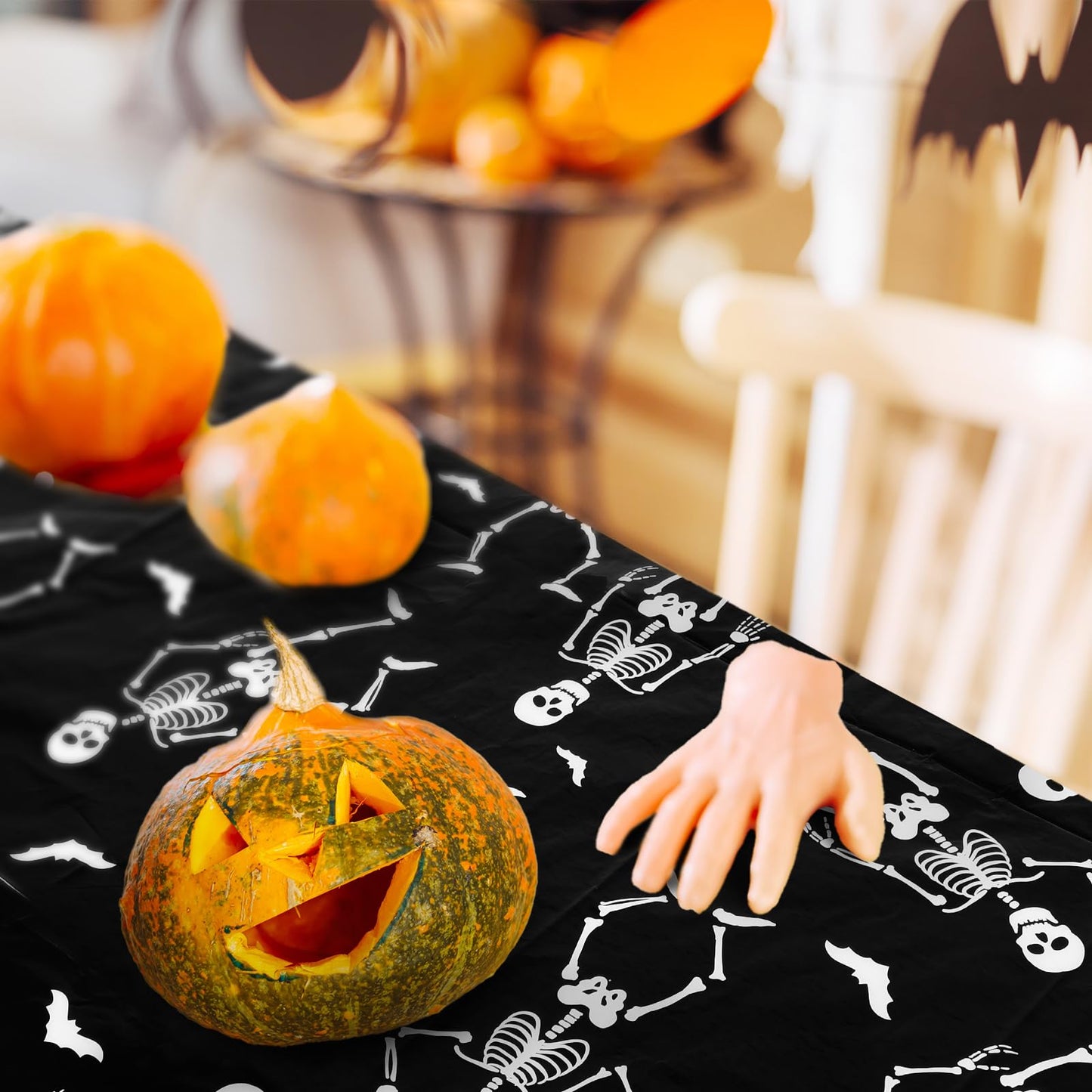 JarThenaAMCS 6 Pcs Halloween Plastic Tablecloth Funny Dancing Skeleton Table Cover Black White Disposable Table Cloth for Halloween Party Home Kitchen Dining Decor, 54 x 108 Inch