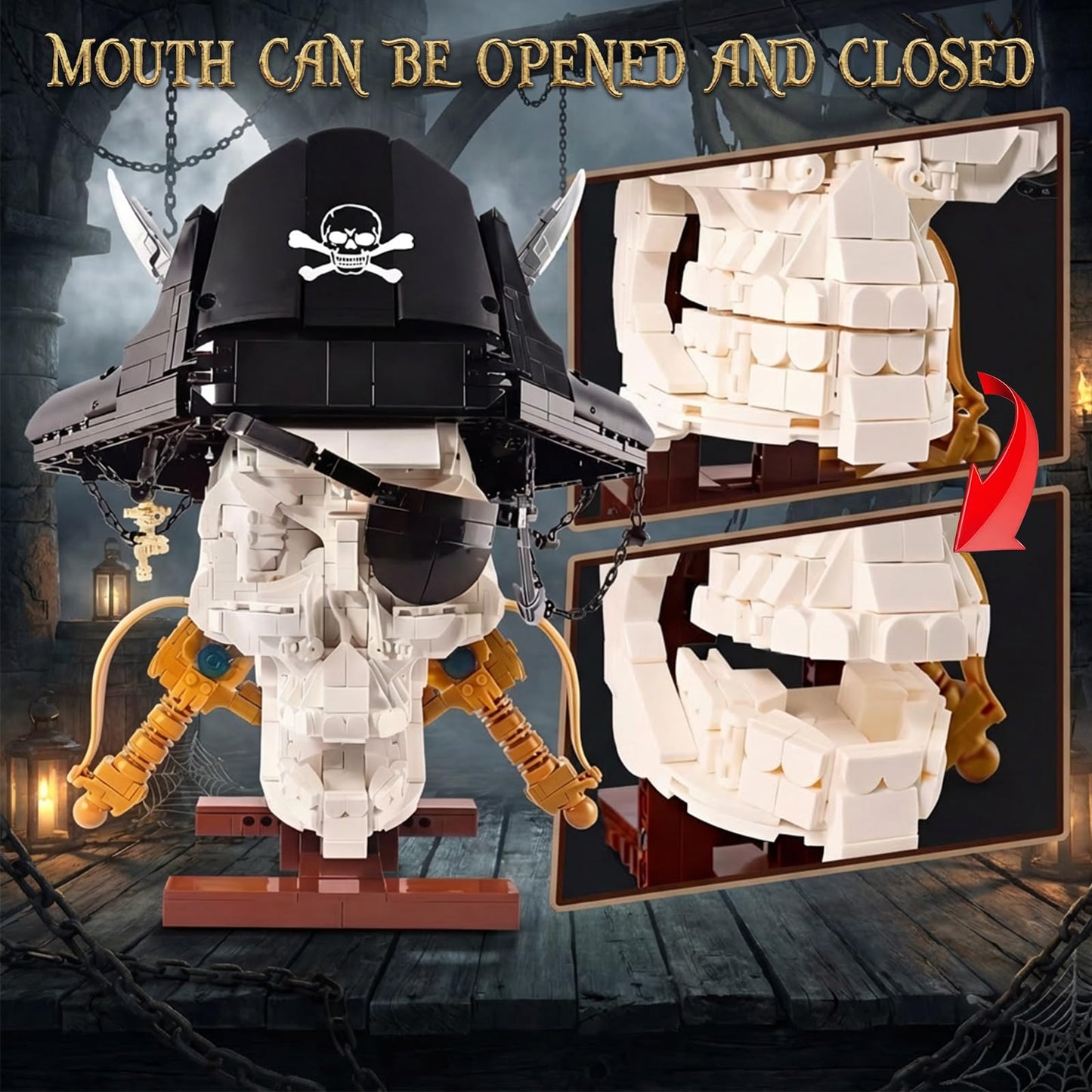 Holexapyd Gothic Pirate Skull Building Set for Adults,Horror Skeleton Head Model with Display Base, Cool Unique Ideal Building Block Sets for Home Table Decor (1167 PCS)