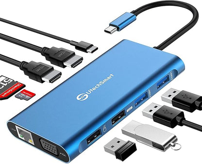 UtechSmart 11 in 1 Docking Station, Triple Monitors USBC Laptop Docking Station with 2 HDMI, VGA, PD3.0, SD TF Card Slot, 4 USB Ports USB-C Adapter Compatible for MacBook & Windows(Blue)