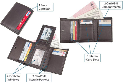 AurexaFashion Genuine Leather Short Trifold Wallet for Men, RFID Blocking, Snap Closure. 11 Card Slots, 2 ID Windows. Mahogany