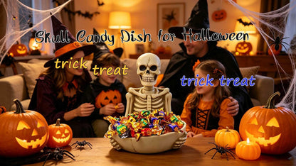 Skull Decor-Halloween Candy Bowl Dish Large for Home Office Desk Decorations,Key Bowl for Entryway Table,Skull Candy Tray Holder Snack with Hand,Skulls Serving Bowl Desk Decor (H 9.1")