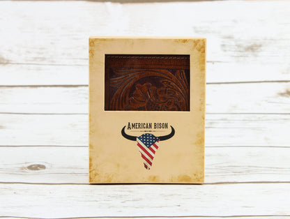 American Bison RFID Wallet for Men – Hand-Tooled Floral Cowhide Leather Bifold Wallet with Gift Box (Light Brown)