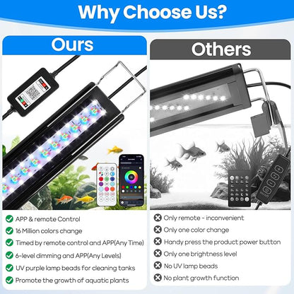 Full Spectrum Aquarium Light: Fish Tank Light with APP & Remote Timer Control for Aquatic Pet Plants Lover - Extendable Fish Tank Lights for 11-17 Inch Freshwater Saltwater Aquarium