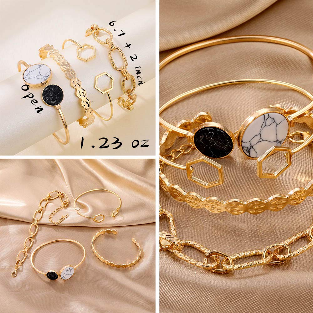 IFKM 6 PACK (24 PCS) Boho Gold Chain Bracelets Set for Women, 14K Gold Plated Multiple Layered Stackable Open Cuff Wrap Bangle Adjustable Link Italian Cuban Jewelry for Women Gift