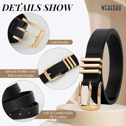 WERFORU 3 PACK Women Belt Women Fashion Leather Belts for Jeans Pants Ladies Belts with Gold Buckle,B-Black+Brown+Beige-gold,Fit Waist Size 32-36 Inches