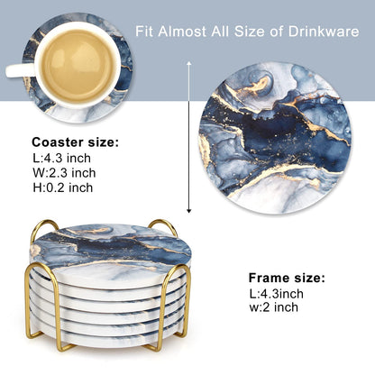 Dksyee Coasters Set of 6, Navy Blue Marble Abstract Round Ceramic Coasters with Holder, Best Absorbent Drink Coaster Set, Coffee Table Decor for Home Decor House Warming Gifts New Home
