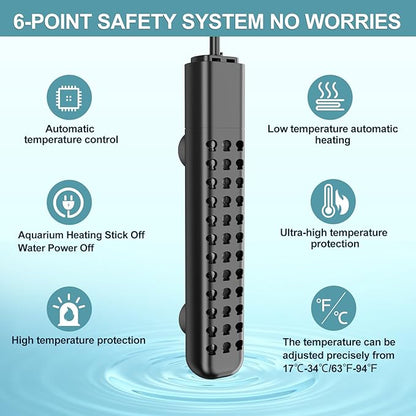 500W Aquarium Heater for 70-120 Gallon with Auto Shut-Off When Leaving Water—Submersible Fish Tank Heater, Dry-Burn & Overheat Protection, Explosion-Proof, Freshwater Saltwater Large Tank