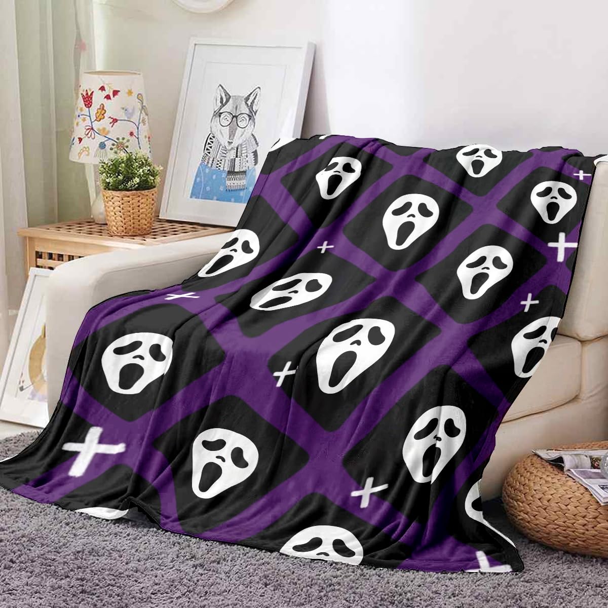 Halloween Spooky Face Blanket, Purple and Black, Soft Ghost Throw for Travel, Office, Home (60" x 50")