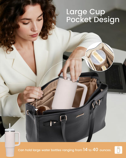 LOVEVOOK Laptop Tote Bag for Women Work, Teacher Tote Bag Nurse Bag with Large Cup Holder, 15.6 Inch Waterproof Leather Computer Bag Professional Business Office Briefcase, Black