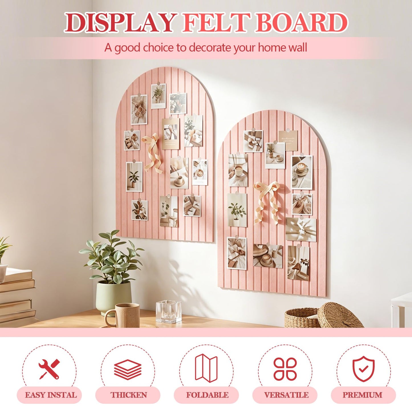 Mindsoft 2 Pcs 35" x 24" Large Integrated Arched Felt Bulletin Board - Foldable Cork Board Alternative - No Assembly Wall Decor for Office, Bedroom & Home Display Photos (Pink)