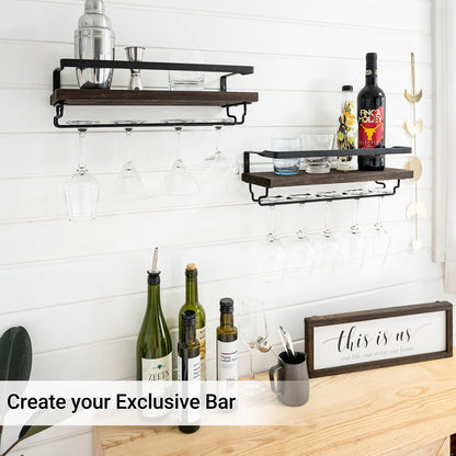 Mkono Wall Mounted Wine Rack Set of 2 Wood Rustic Wine Bottle Glass Floating Shelves with Stemware Hanger Modern Plants Photos Wine Display Storage Holder for Kitchen Dining Room Bar, 17 Inch