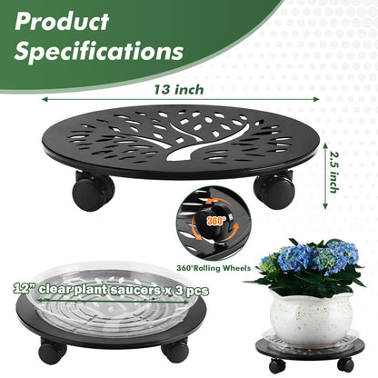 DEELF OUTLET 3 Packs Metal Plant Caddy with Wheels 13" Large Rolling Plant Stands Wheeled Plant Dolly Heavy-Duty Flower Pot Roller Base Movers, Black