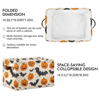 Wamika Happy Halloween Storage Basket with Waterproof Liner and PU Handles Spooky Pumpkin Black Bat Storage Bins Boxes 14.2" Collapsible Decorative Organizer Baskets for Bedroom Closet Office 1 Pack