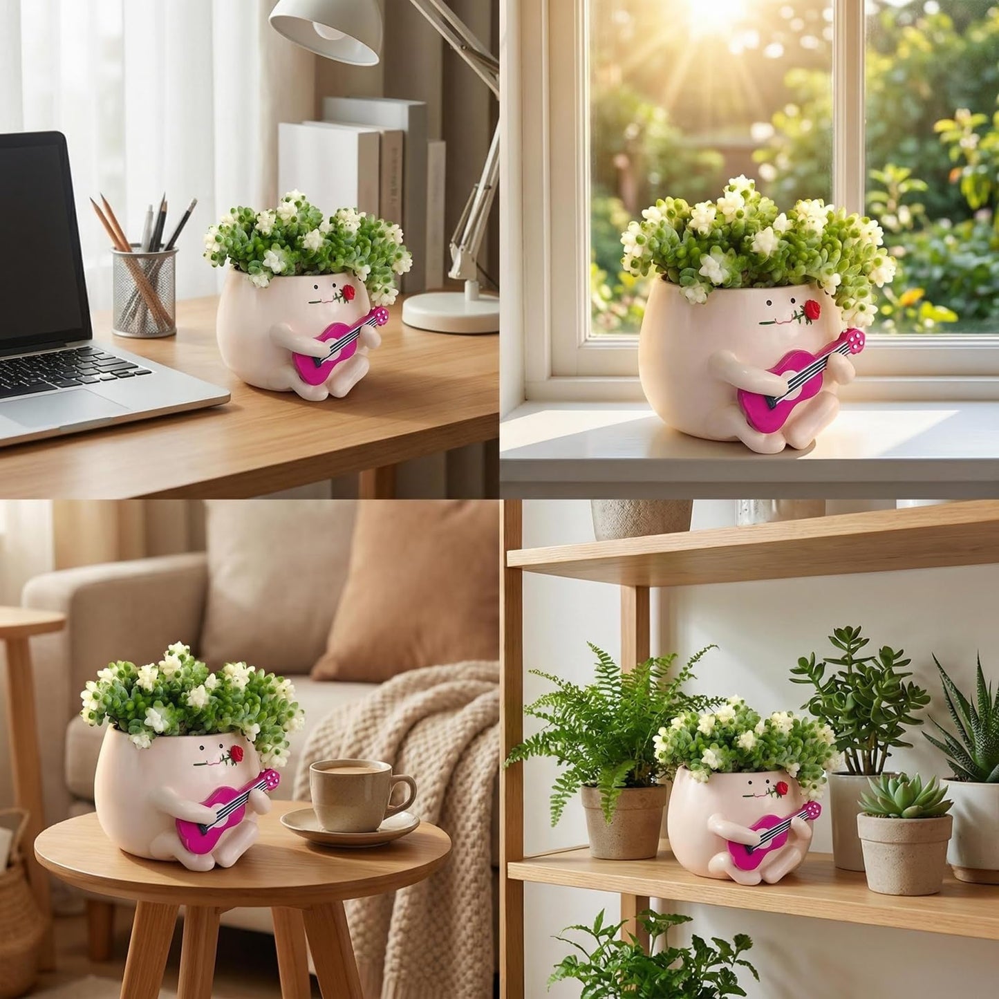 TEARS OF GAIA Lovely Face Planter Pot, Cute Resin Flower Head Planters with Drainage, for Mom, Funny Succulent Plant Lover Gift, Unique Gift Ideal for Plant Lovers (Guitar Baby)