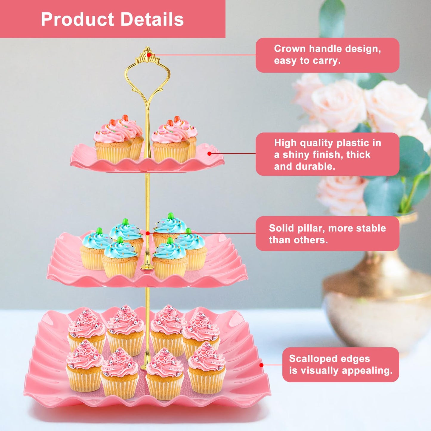 Coitak 8 Pieces Cupcake Stand Set, 2 PCS 3 Tier Cupcake Stands with 3 PCS Appetizer Trays, 3 PCS Serving Tongs, Dessert Tower Tray for Tea Party (Pink)