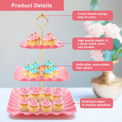 Coitak 8 Pieces Cupcake Stand Set, 2 PCS 3 Tier Cupcake Stands with 3 PCS Appetizer Trays, 3 PCS Serving Tongs, Dessert Tower Tray for Tea Party (Pink)