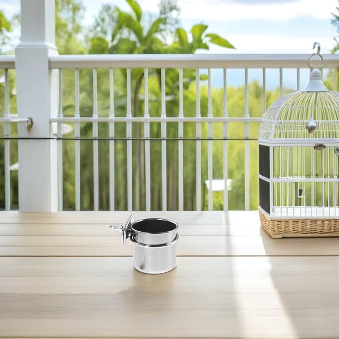 Abaodam 2pcs Stainless Steel Parrot Feeder Bowls with Clamp Holders, Cage Hanging Coop Cups 4.4cm and 5.5cm for Cockatiel Budgie Parakeet Bird Cage Feeding Supplies