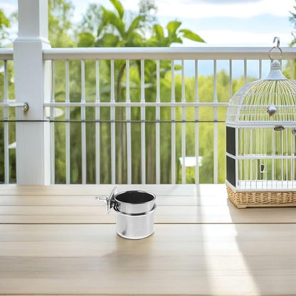 Abaodam 2pcs Stainless Steel Parrot Feeder Bowls with Clamp Holders, Cage Hanging Coop Cups 4.4cm and 5.5cm for Cockatiel Budgie Parakeet Bird Cage Feeding Supplies