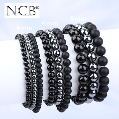 NCB 3-Piece 6mm Natural Crystal Gemstone Stretch Bracelets – ﻿Black Onyx, Hematite, Matte Black Agate Handmade Reiki Energy Healing Jewelry for Meditation,Yoga, Unisex