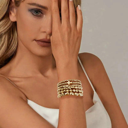 Sajidos Gold Plated Beaded Bracelets for Women Trendy, 14K Gold Plated Stack Cross Pearl Bead Stretch Bracelets Set Elastic Hypoallergenic Bracelets Jewelry Gifts (style1)